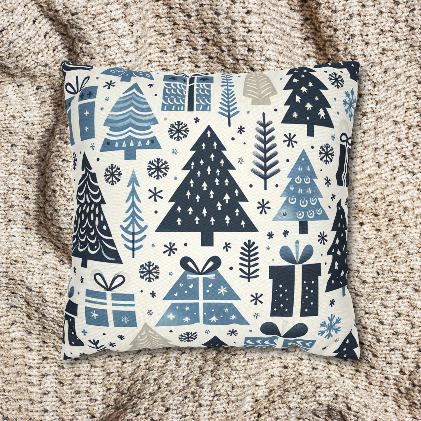 Blue Christmas Tree Pattern Square Pillow Cover