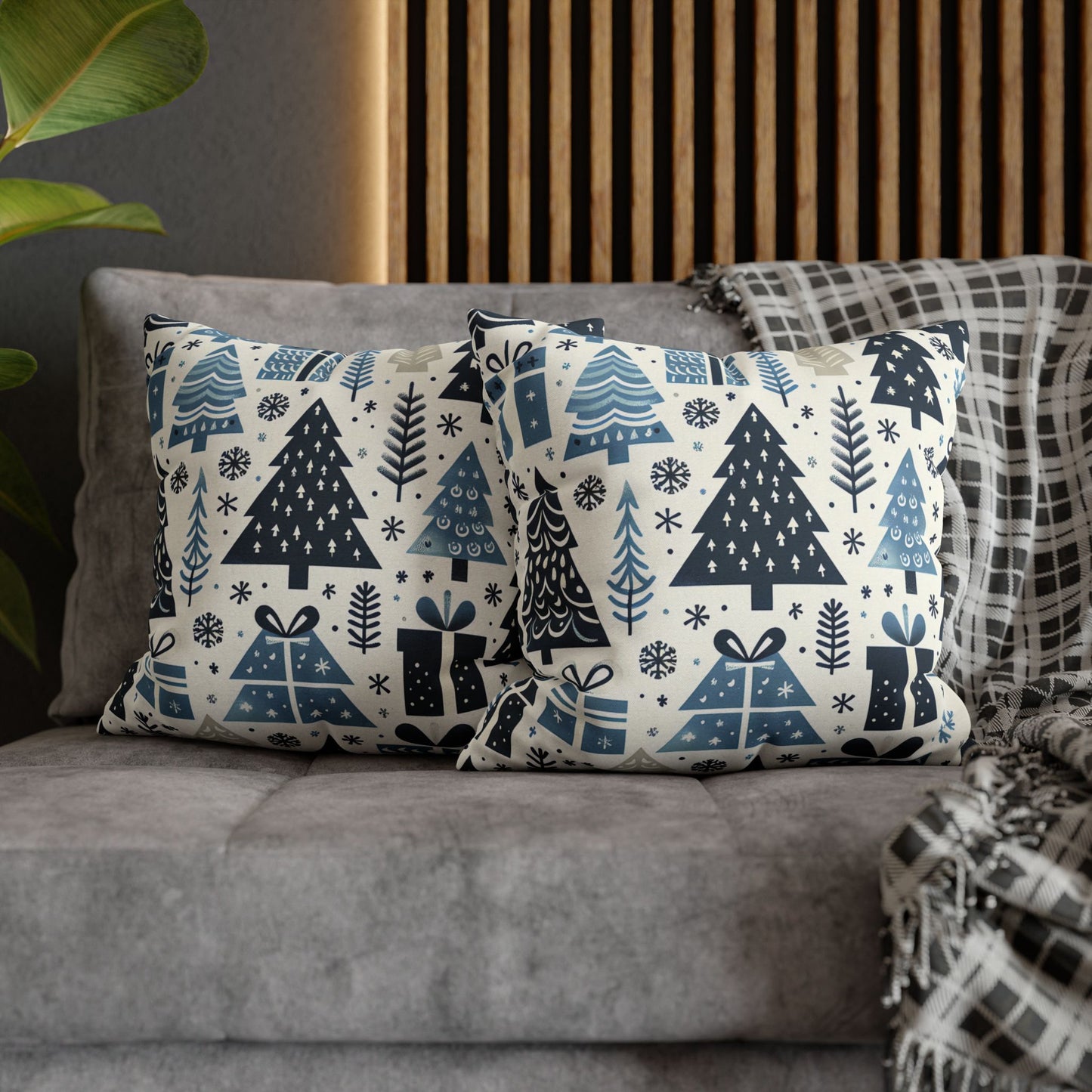 Blue Christmas Tree Pattern Square Pillow Cover