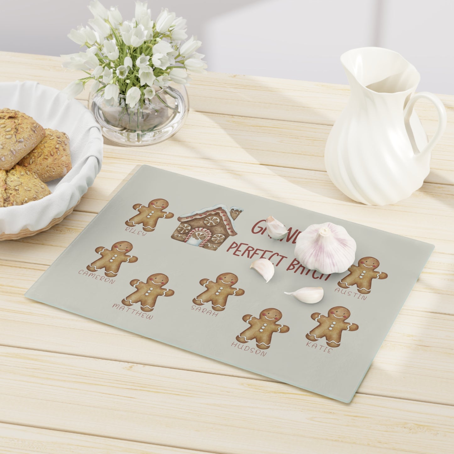 Personalized Gingerbread Christmas Glass Cutting Board