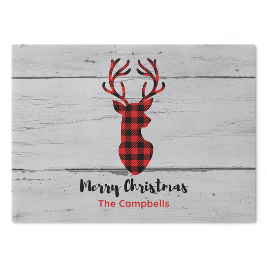 Personalized Buffalo Plaid Deer Christmas Glass Cutting Board