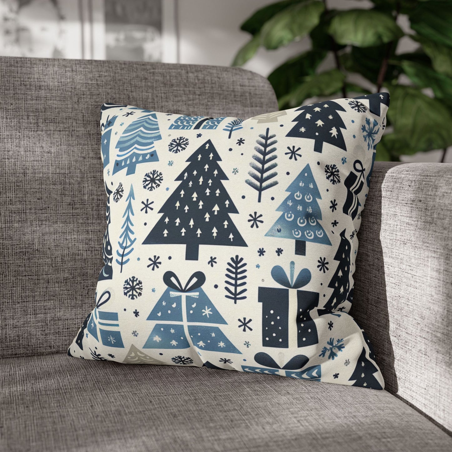 Blue Christmas Tree Pattern Square Pillow Cover