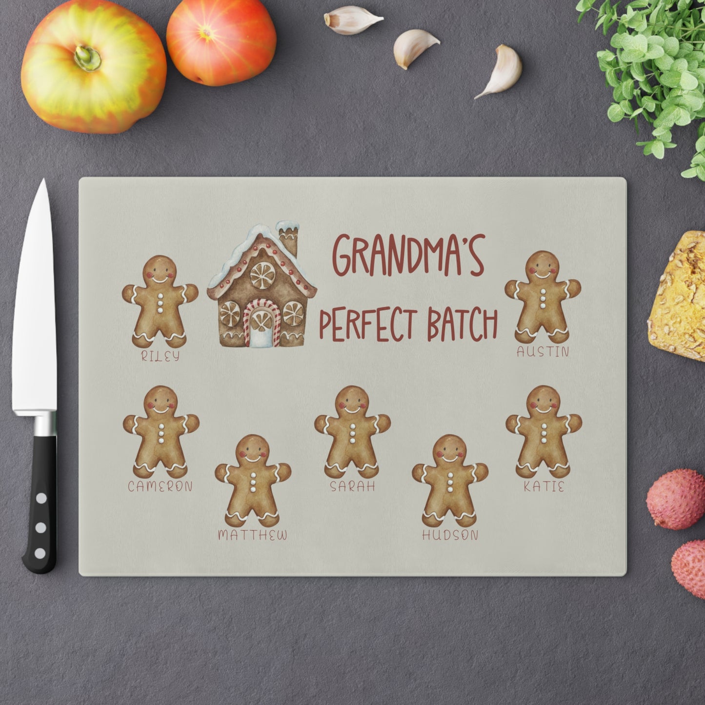 Personalized Gingerbread Christmas Glass Cutting Board