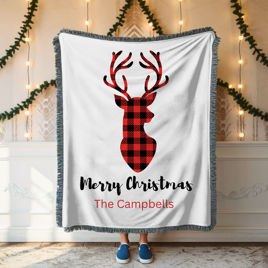 Personalized Buffalo Plaid Deer Woven Christmas Blanket